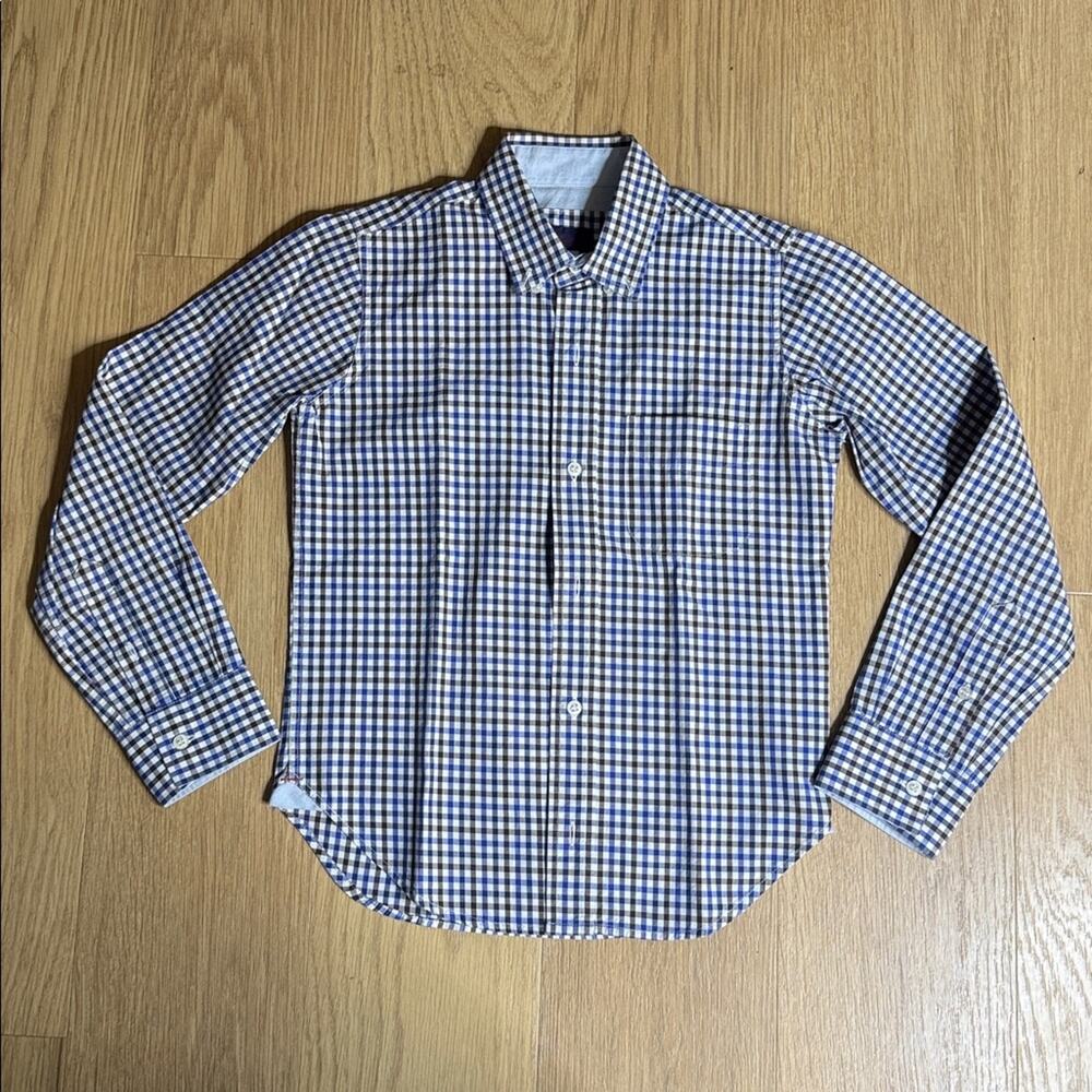 Acanthe Paris Boys Blue Brown White Checkered Long Sleeve Button Down Shirt 10
